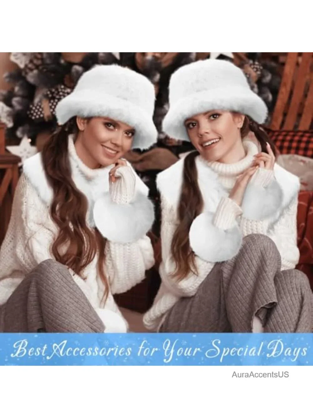 Warm Winter Faux Fur Accessories Set Scarf Hat Earmuffs Wrist Cuffs